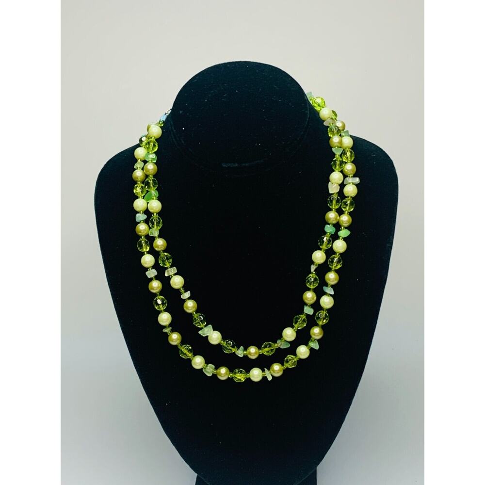 Green Beaded 2 Strand Necklace, Glass Beads, Faux Green Pearls, 18 Length